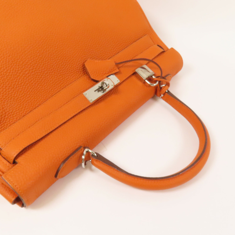 HERMES Clemence皮革Kelly 35銀扣手挽肩背兩用袋Classic Orange-5