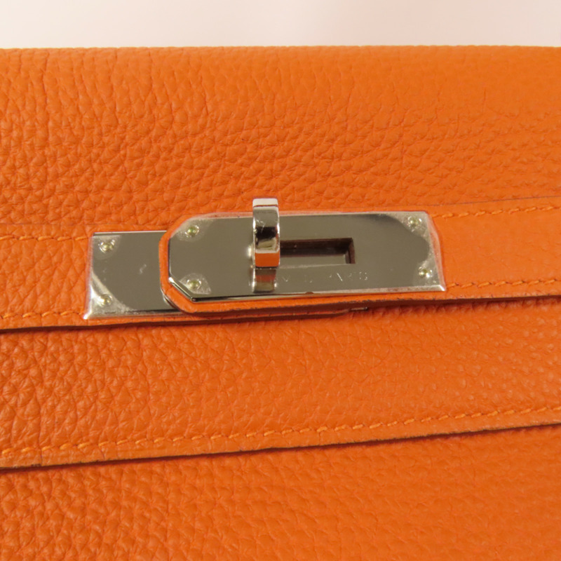 HERMES Clemence皮革Kelly 35銀扣手挽肩背兩用袋Classic Orange-8