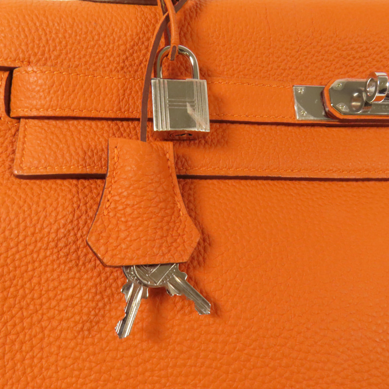 HERMES Clemence皮革Kelly 35銀扣手挽肩背兩用袋Classic Orange-9