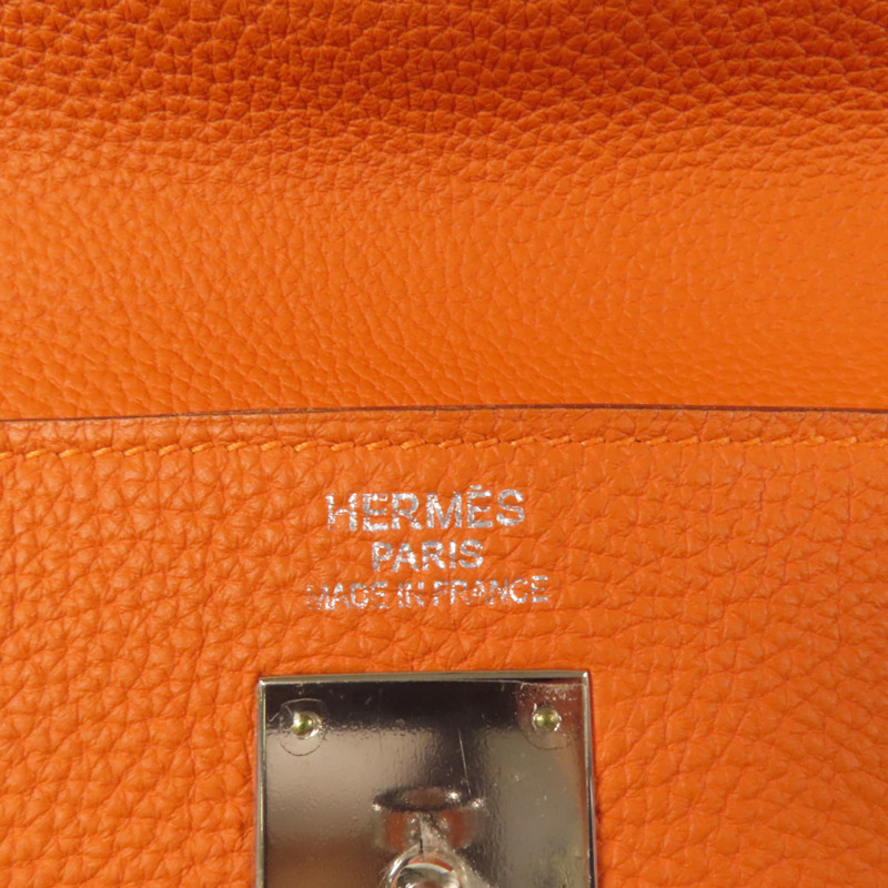 HERMES Clemence皮革Kelly 35銀扣手挽肩背兩用袋Classic Orange-11