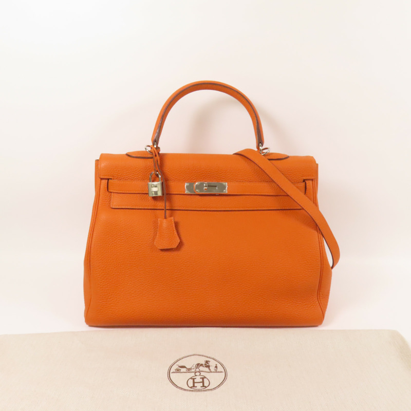 HERMES Clemence皮革Kelly 35銀扣手挽肩背兩用袋Classic Orange-12