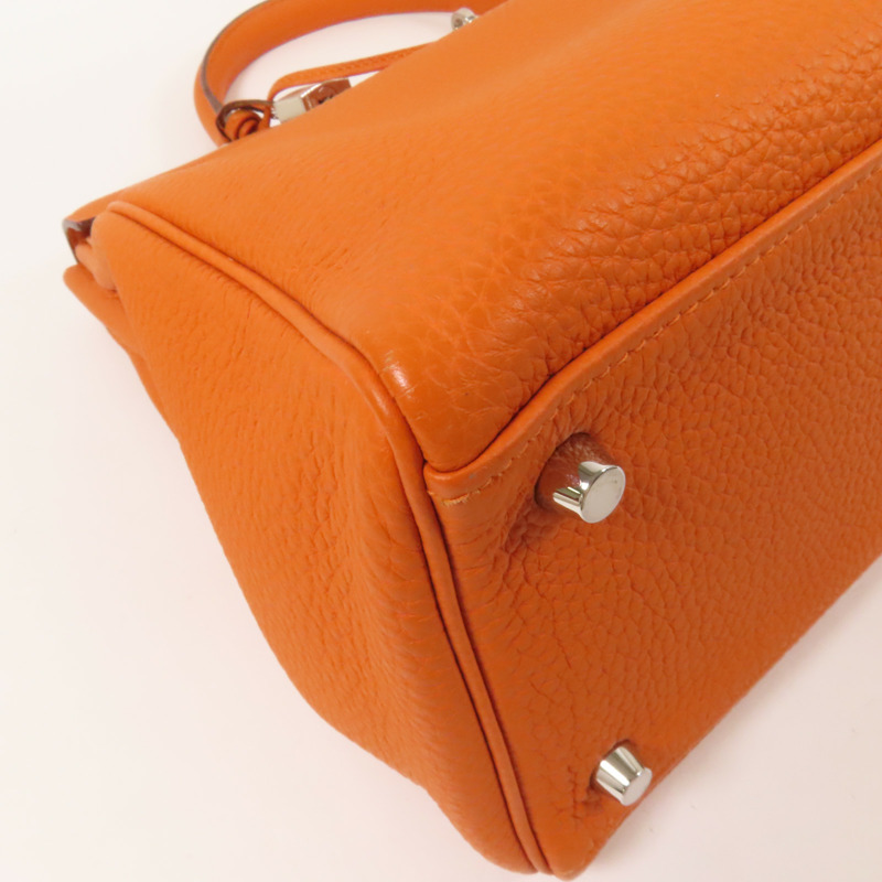 HERMES Clemence皮革Kelly 35銀扣手挽肩背兩用袋Classic Orange-13
