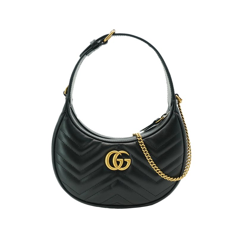 Gucci Marmont 衍縫小牛皮手提/斜背彎月包(699514-黑)-0