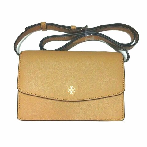 【TORY BURCH】雙T-LOGO皮革翻蓋斜背包-駝色