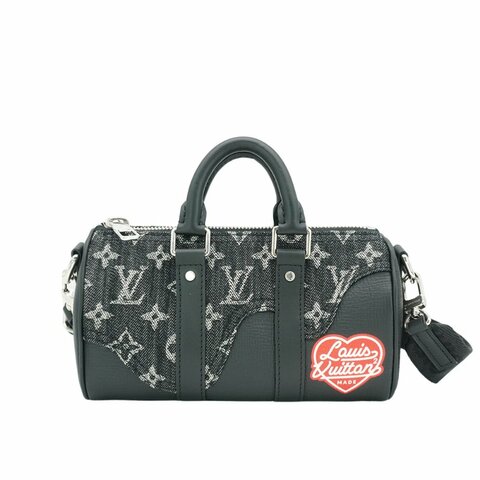 Louis Vuitton Nigo Keepall XS 愛心塗鴉牛仔布拚牛皮二用斜背包(M81010-黑)