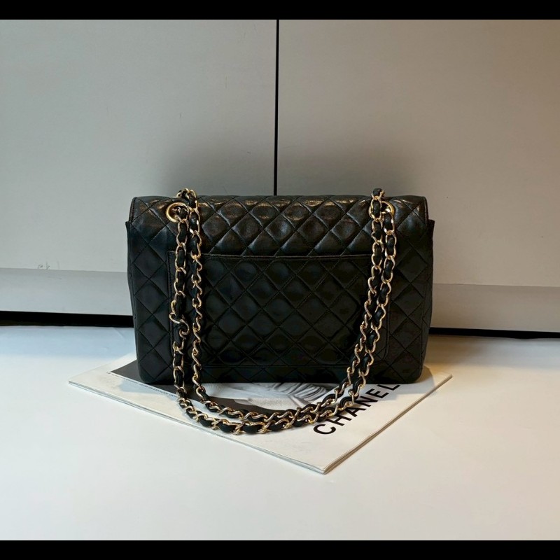 Chanel 金鍊黑羊皮菱格口蓋包 老香 vintage-2