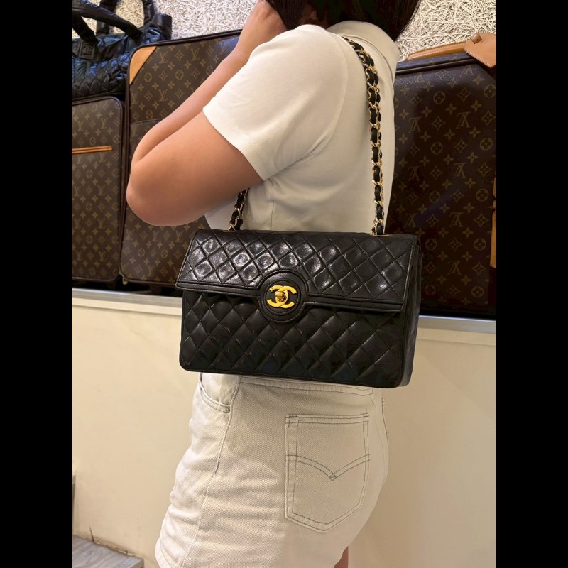 Chanel 金鍊黑羊皮菱格口蓋包 老香 vintage-3