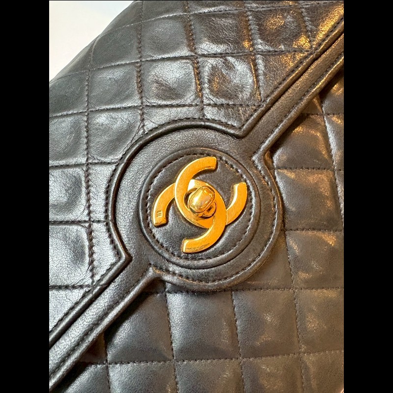 Chanel 金鍊黑羊皮菱格口蓋包 老香 vintage-4