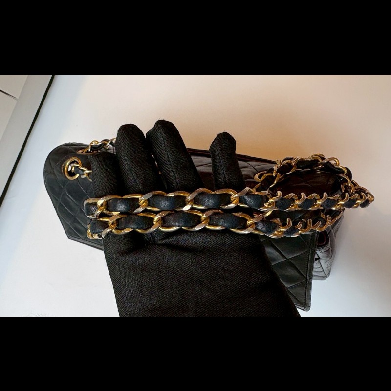 Chanel 金鍊黑羊皮菱格口蓋包 老香 vintage-5