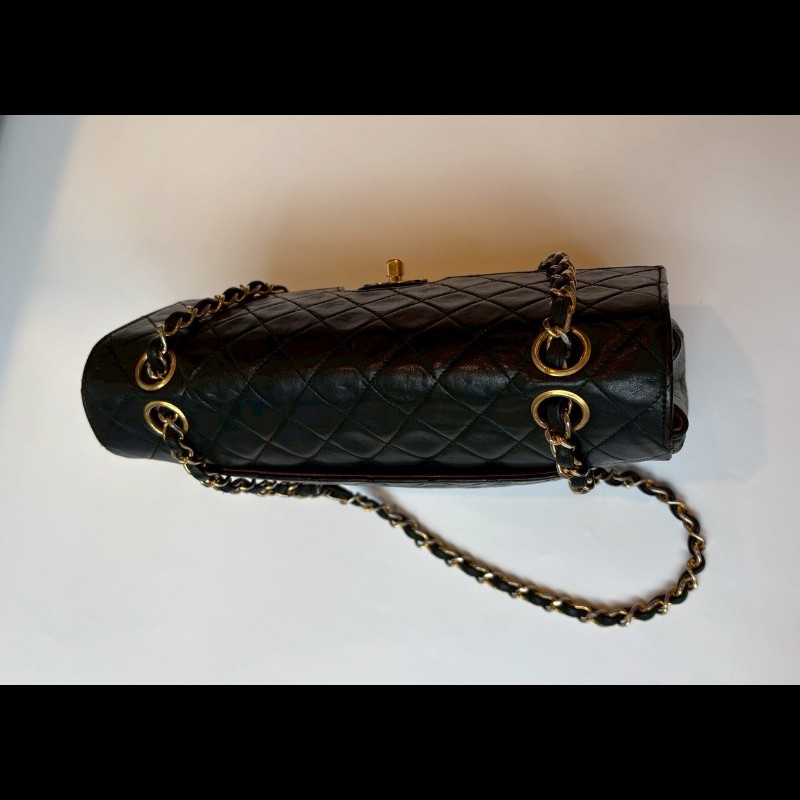Chanel 金鍊黑羊皮菱格口蓋包 老香 vintage-6