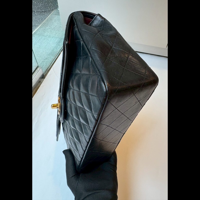 Chanel 金鍊黑羊皮菱格口蓋包 老香 vintage-7