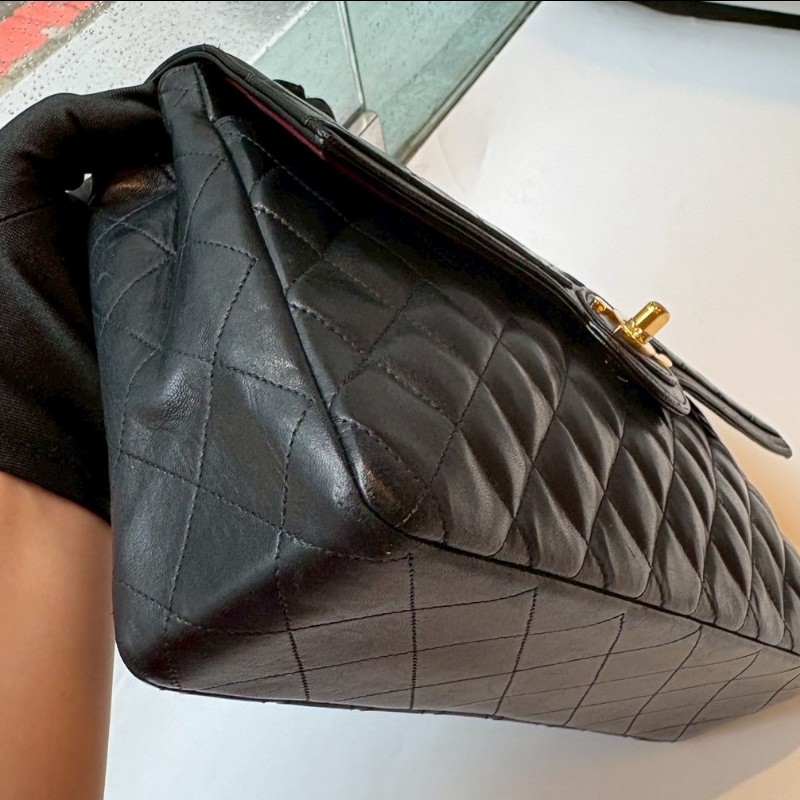 Chanel 金鍊黑羊皮菱格口蓋包 老香 vintage-9