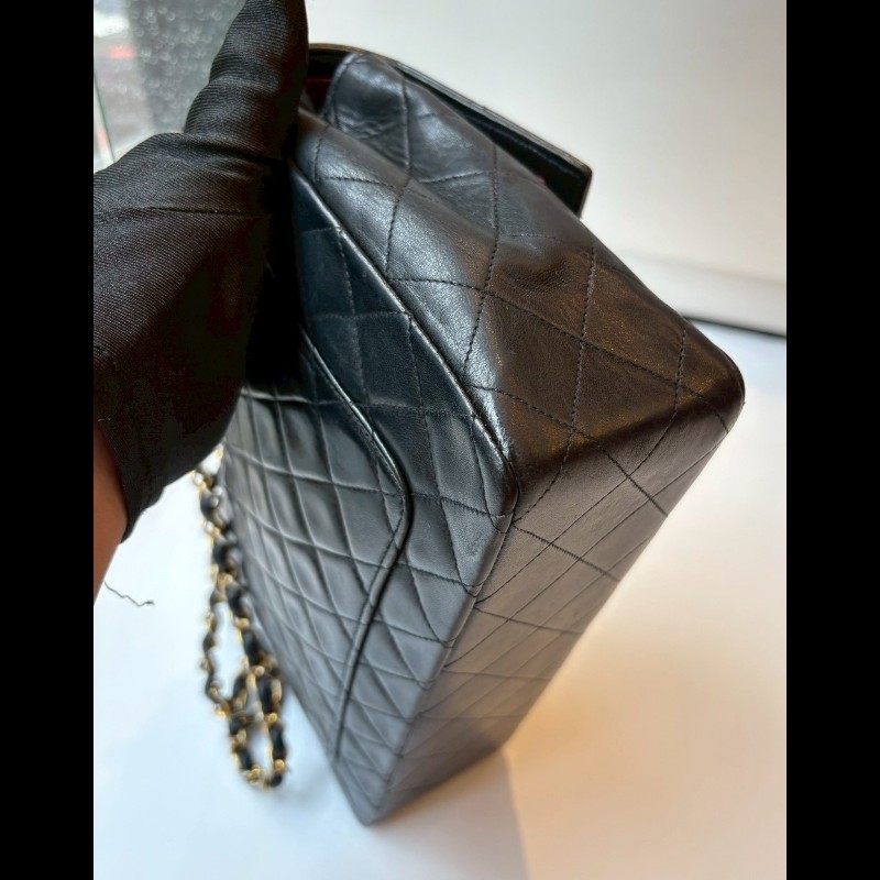 Chanel 金鍊黑羊皮菱格口蓋包 老香 vintage-10