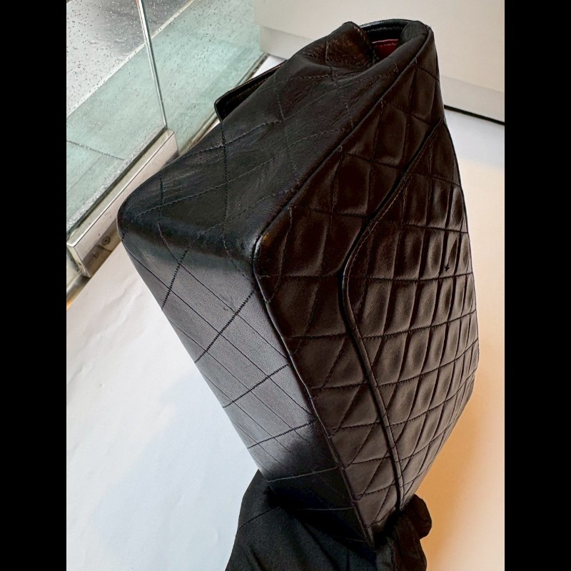 Chanel 金鍊黑羊皮菱格口蓋包 老香 vintage-11