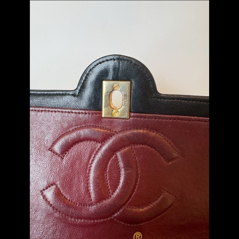 Chanel 金鍊黑羊皮菱格口蓋包 老香 vintage-20