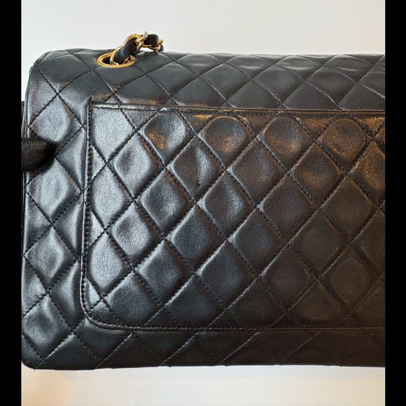 Chanel 金鍊黑羊皮菱格口蓋包 老香 vintage-23