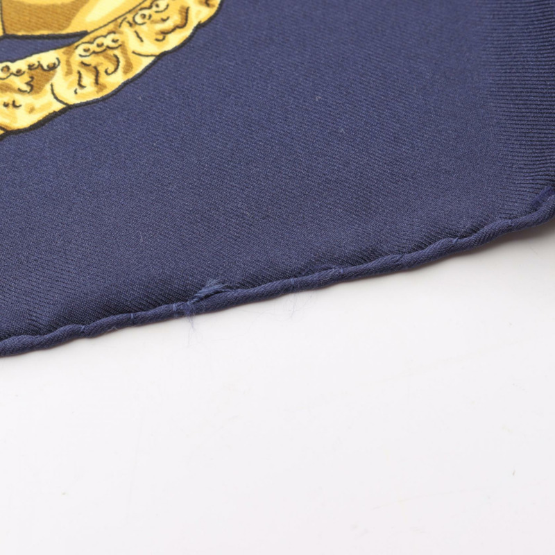 HERMES Carre90 LES CAVALIERS D'OR 圍巾 絲綢 海軍藍 白金 白色 二手 女士-4