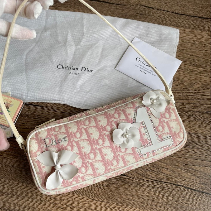 Dior 粉色老花花朵水鑽迷你 肩背包-0