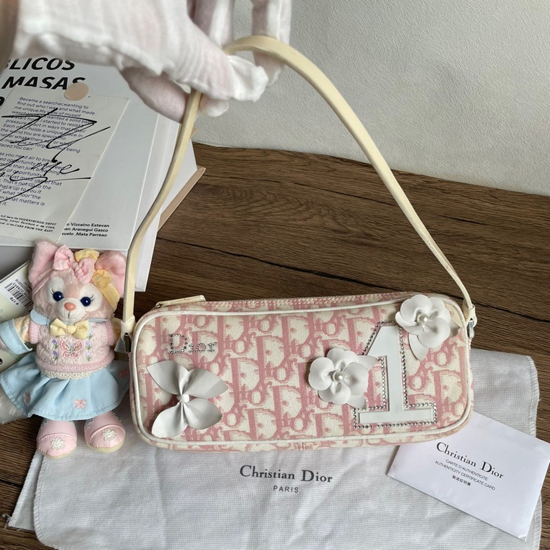 Dior 粉色老花花朵水鑽迷你 肩背包-1