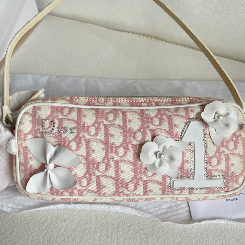 Dior 粉色老花花朵水鑽迷你 肩背包-9