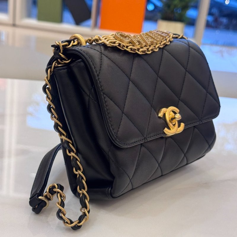 *SHIHNA名牌精品* Chanel 22S Mini Flap bag 鑲鑽字樣提把迷你口蓋手提/肩背二用包(黑色/金釦)-3