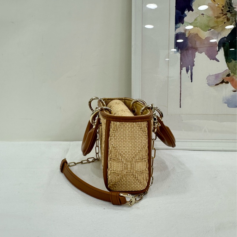 DIOR/D-JOY mini草編藤格紋橫版小戴妃mini尺寸 兩條肩帶 24年編碼 99新-3