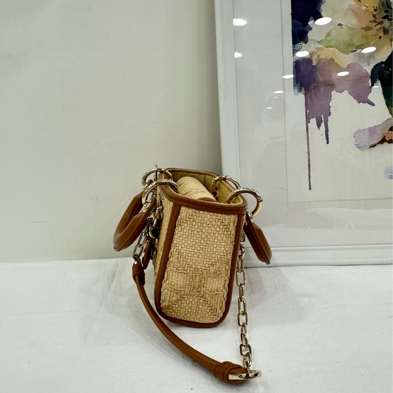 DIOR/D-JOY mini草編藤格紋橫版小戴妃mini尺寸 兩條肩帶 24年編碼 99新-4