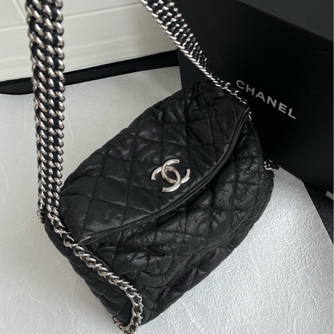 Chanel 黑銀滾邊鏈條hobo punk機場包 滾邊鏈條泡芙嬉皮包飯盒hobo