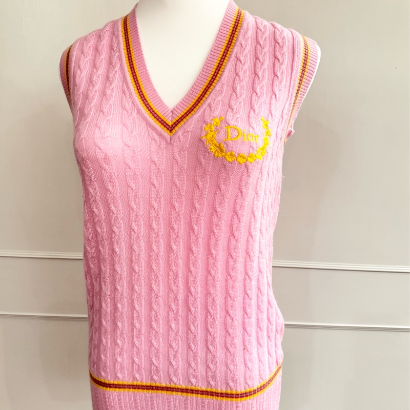 近新正品Dior迪奧粉紅色100%喀什米爾毛絨背心38號約M-0