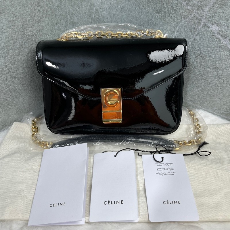 CELINE 金屬字母C扣鏈條 黑色漆皮 斜背肩背包 中號-0