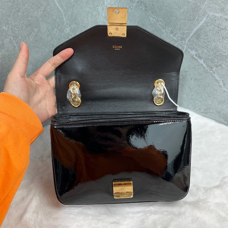 CELINE 金屬字母C扣鏈條 黑色漆皮 斜背肩背包 中號-6