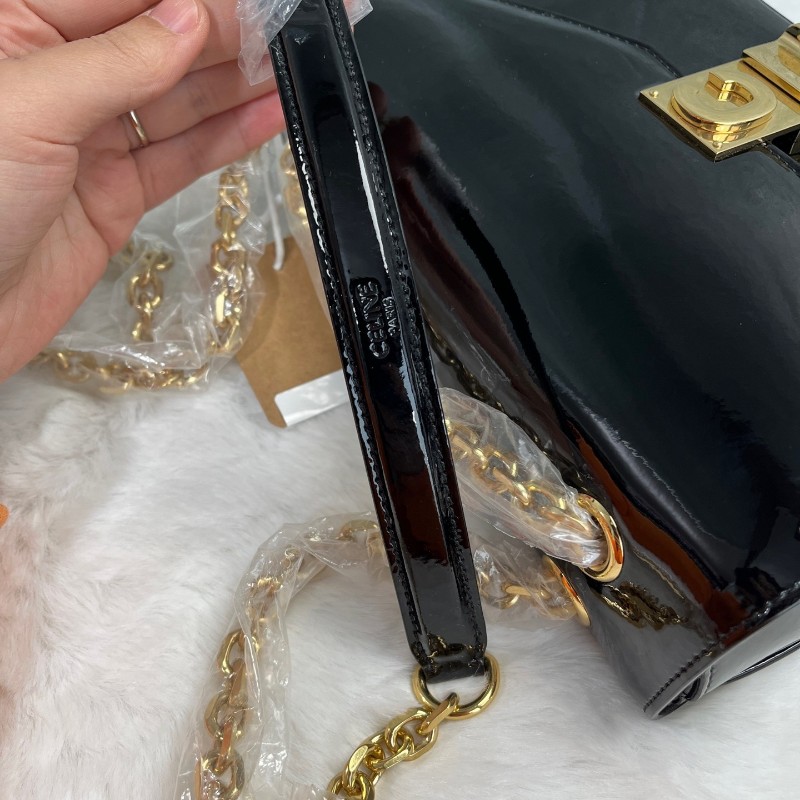 CELINE 金屬字母C扣鏈條 黑色漆皮 斜背肩背包 中號-7