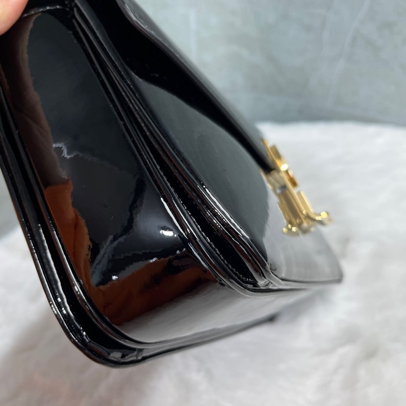 CELINE 金屬字母C扣鏈條 黑色漆皮 斜背肩背包 中號-11