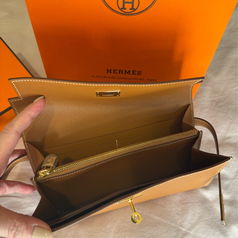 *Hermes kelly 愛馬仕Tc皮金棕金扣長夾-3