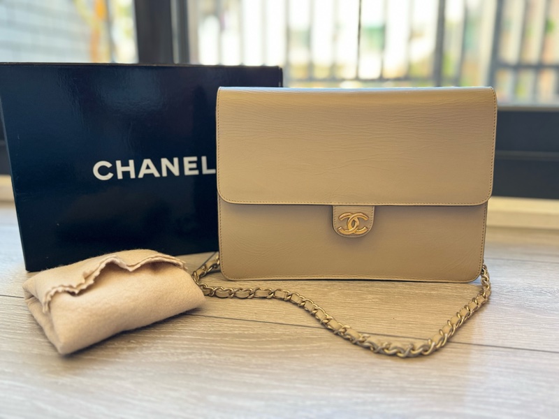 Chanel Vintage中古奶茶色金釦信封包/中古信封包/香奈兒中古包/小香奶茶中古包/老香包-0