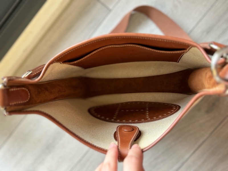 愛馬仕伊芙琳Hermes Evelyne29帆布拼馬鞍皮銀釦/愛馬仕帆布拼皮肩背包-17