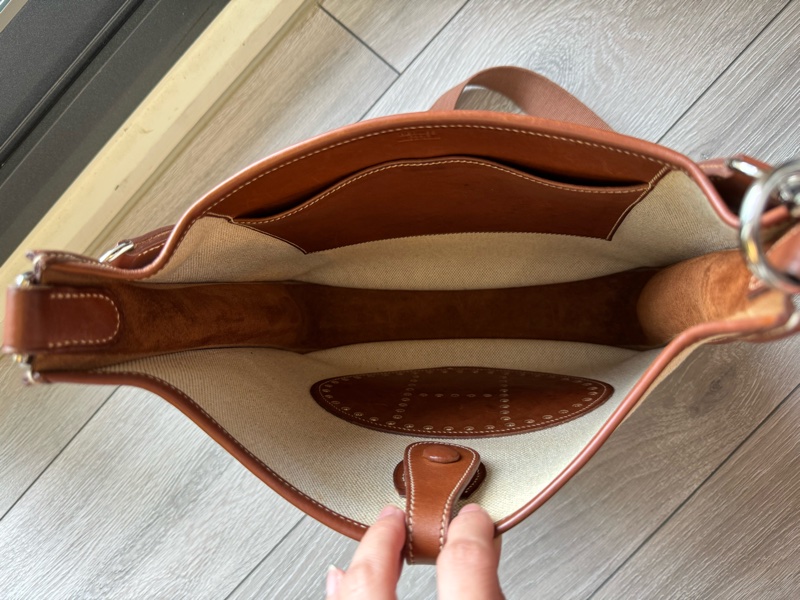 愛馬仕伊芙琳Hermes Evelyne29帆布拼馬鞍皮銀釦/愛馬仕帆布拼皮肩背包-18