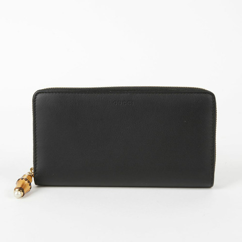 GUCCI Nymphea 拉鍊長版皮夾 黑色皮革