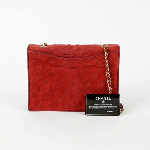 CHANEL 紅色絨面革翻蓋鏈條單肩包