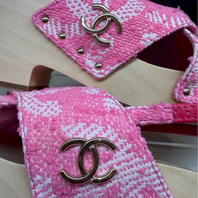 CHANEL 24C粉色幸運草木屐厚底涼鞋 40號 全新品-3