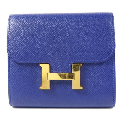HERMES Epsom皮革Constance Short Wallet金扣錢包Bleu Electrique