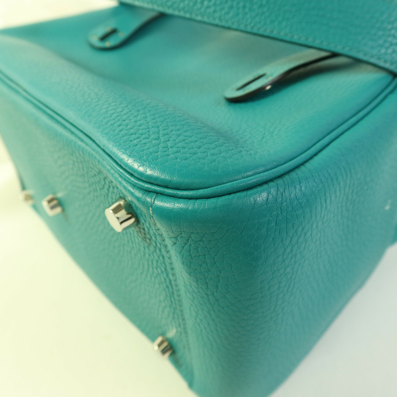 HERMES Clemence皮革Lindy 26銀扣手挽肩背兩用袋Bleu Paon-12