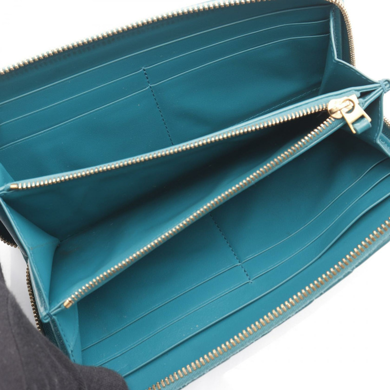 BOTTEGA VENETA 編織紋飾拉鍊長錢包,皮革材質,綠色,二手-2