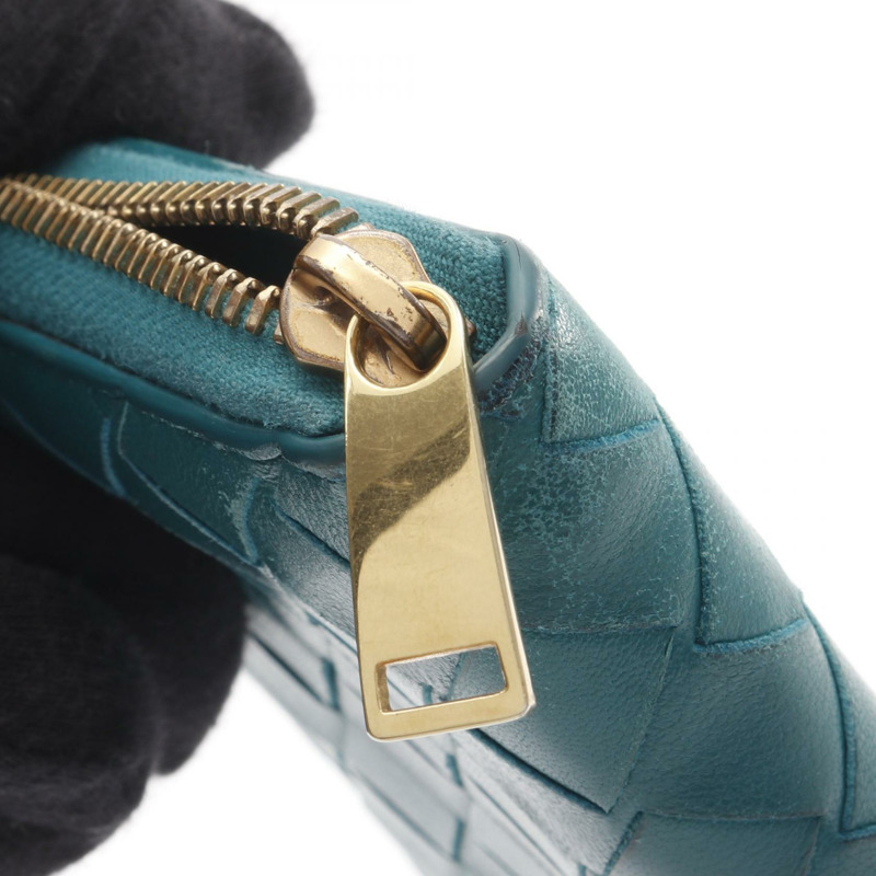 BOTTEGA VENETA 編織紋飾拉鍊長錢包,皮革材質,綠色,二手-7