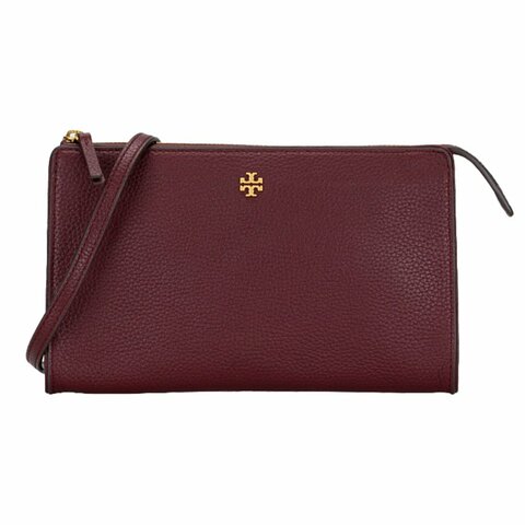 【TORY BURCH】素面皮革斜背包-酒紅色