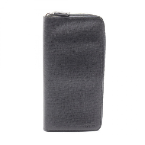 PRADA 黑色 Saffiano 皮革長拉鍊皮夾，二手，男女通用