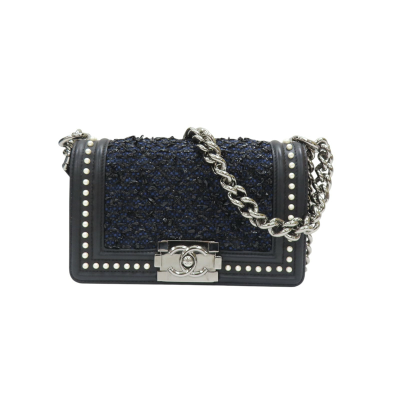 黑色牛皮 藍色毛呢編織 BOY 20 肩背包 銀扣 無卡【CHANEL 香奈兒】-0