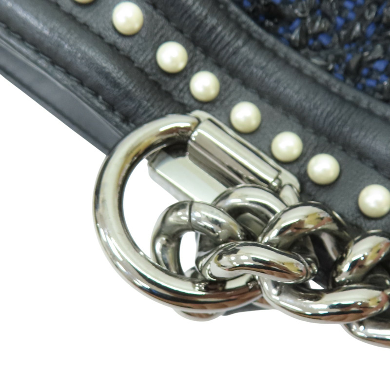 黑色牛皮 藍色毛呢編織 BOY 20 肩背包 銀扣 無卡【CHANEL 香奈兒】-14