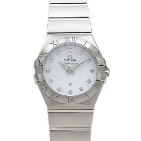 歐米茄星座系列羽毛27女錶，白色錶盤，鑲嵌12顆鑽石，石英機芯