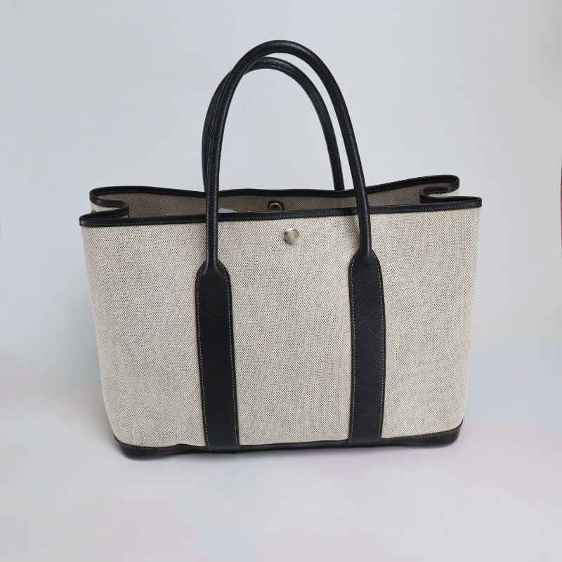 Hermes garden party 36花園包 黑白色 帆布拼皮 手提包-2